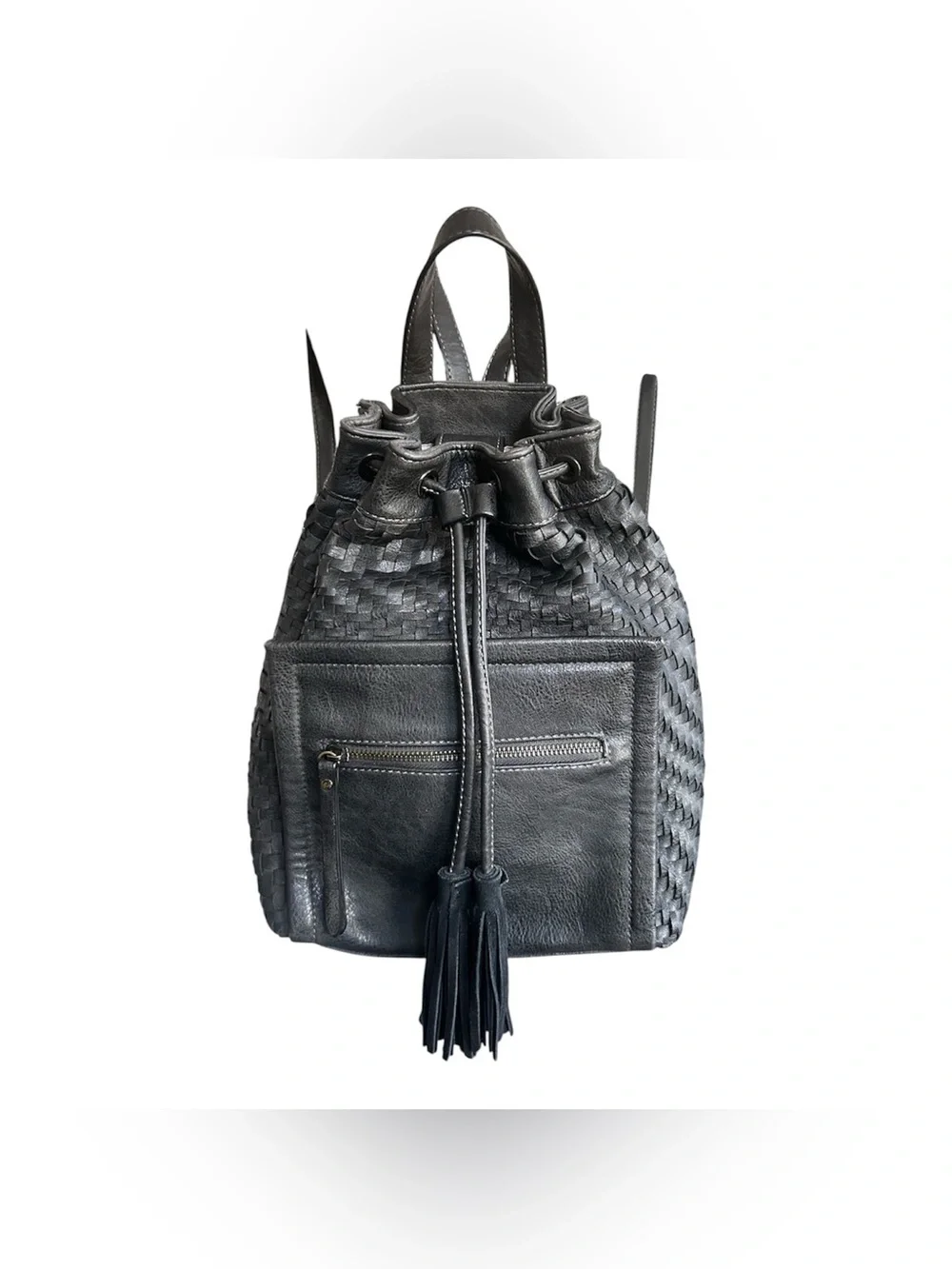 Moda Luxe Black Leather Woven Backpack With Drawstring and Tassles